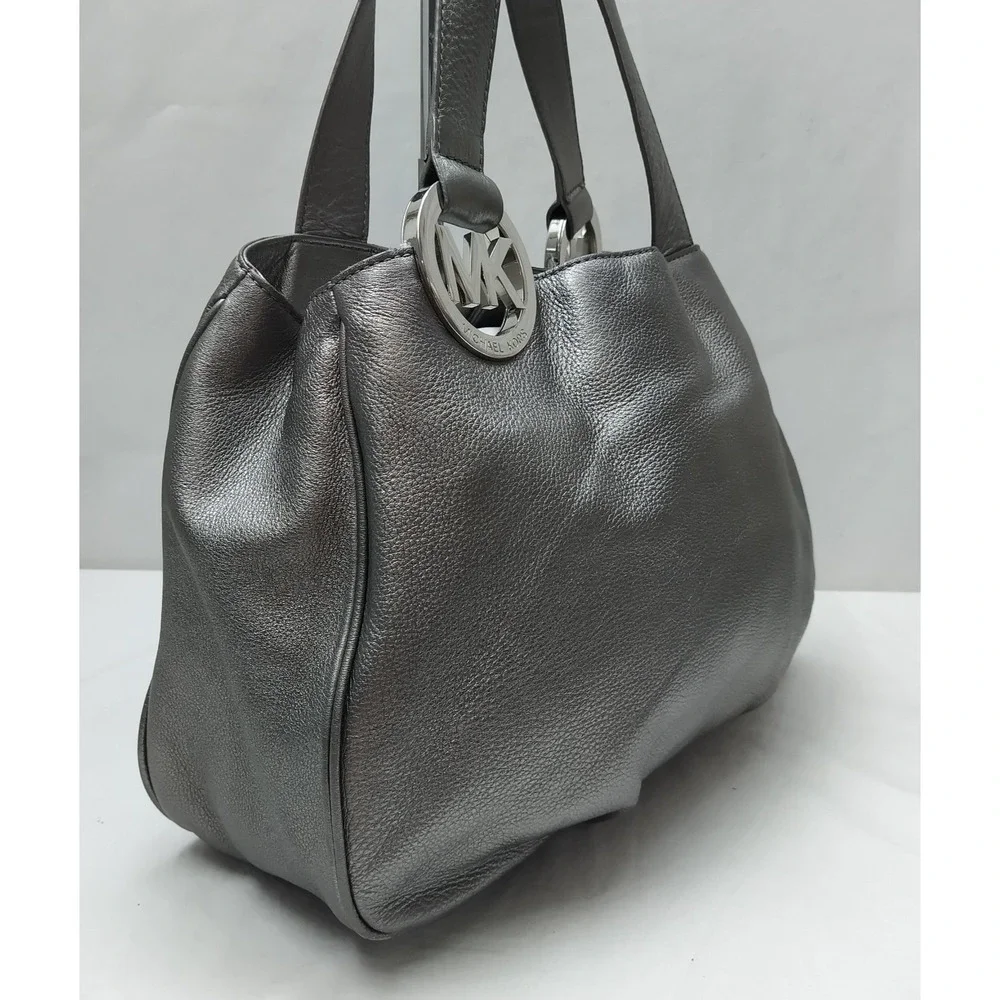 Michael Kors Metallic Gray Leather Double Handles Shoulder Bag